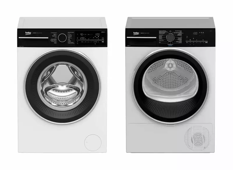 Beko WM340 Waschmaschine links und TR320 Tumbler rechts