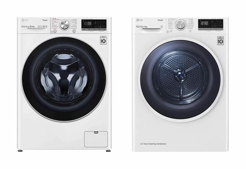 LG F4WV710P1E Waschmaschine Weiss links und V5RT9N Tumbler rechts kaufen